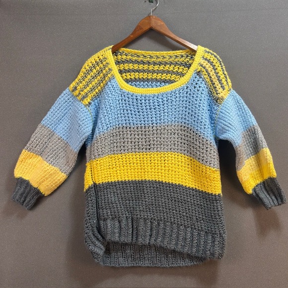 Sweaters - Womens Stripedn Hand Knit Sweater Long Sleeve Round Neck Blue Yellow Gray‎